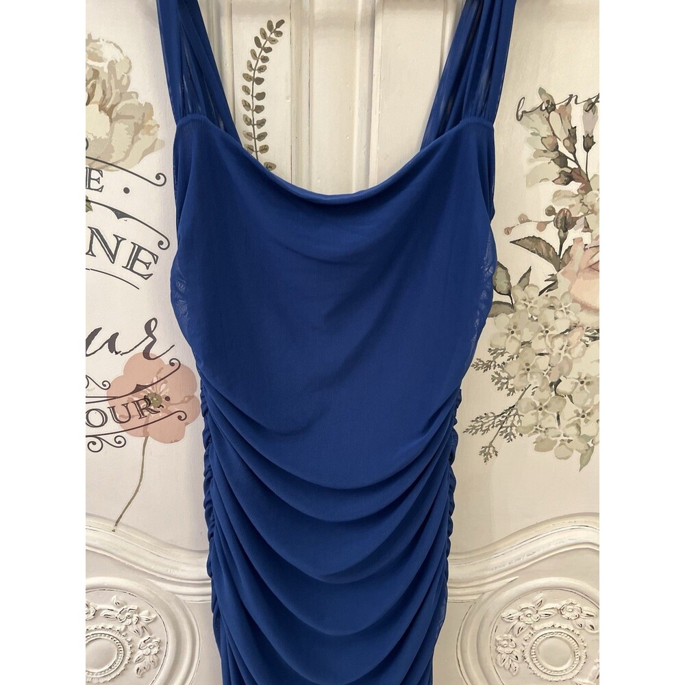 Lulus Amazing Presence Maxi Dress Blue Mesh Ruched Column Size M NWT - Picture 3 of 9